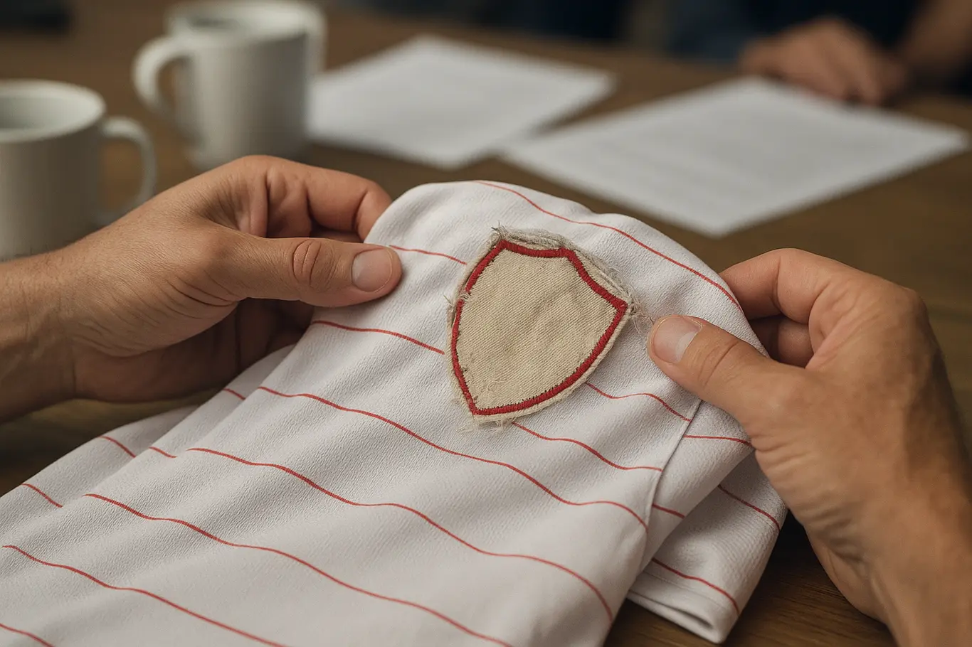 Grupo City reacende debate sobre escudo do Bahia e preocupa torcida Close-up de mãos segurando camiseta com área do escudo coberta por tecido, detalhes da costura e fios.