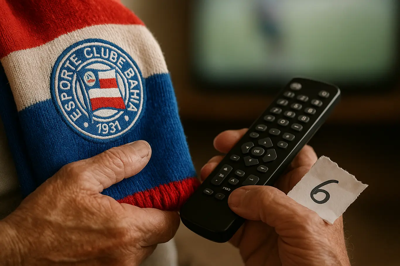 Estreia do Brasil na copa: 6 canais transmitem e impactam o EC Bahia Mãos segurando cachecol do EC Bahia e controle remoto com ticket marcado com o número 6, close-up.