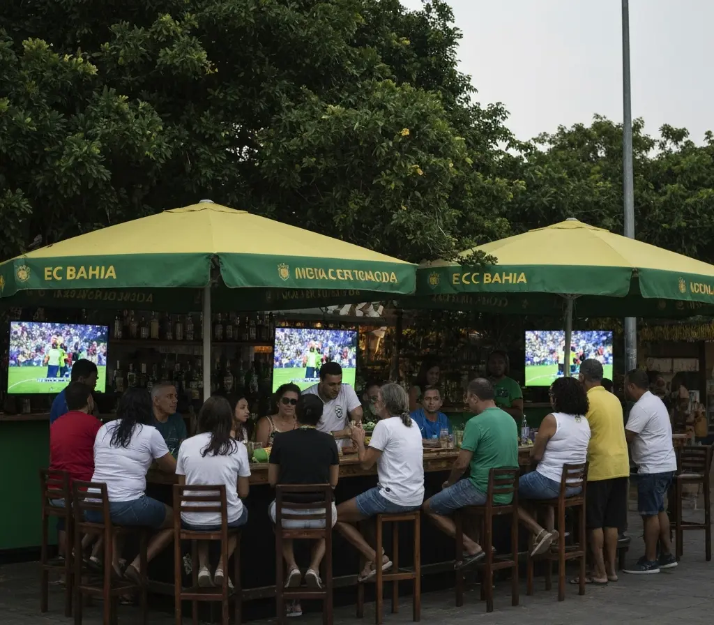 Estreia do Brasil na copa: 6 canais transmitem e impactam o EC Bahia Torcida do EC Bahia reunida em bar e praça pública assistindo à estreia do Brasil, vista por trás para preservar o anonimato.