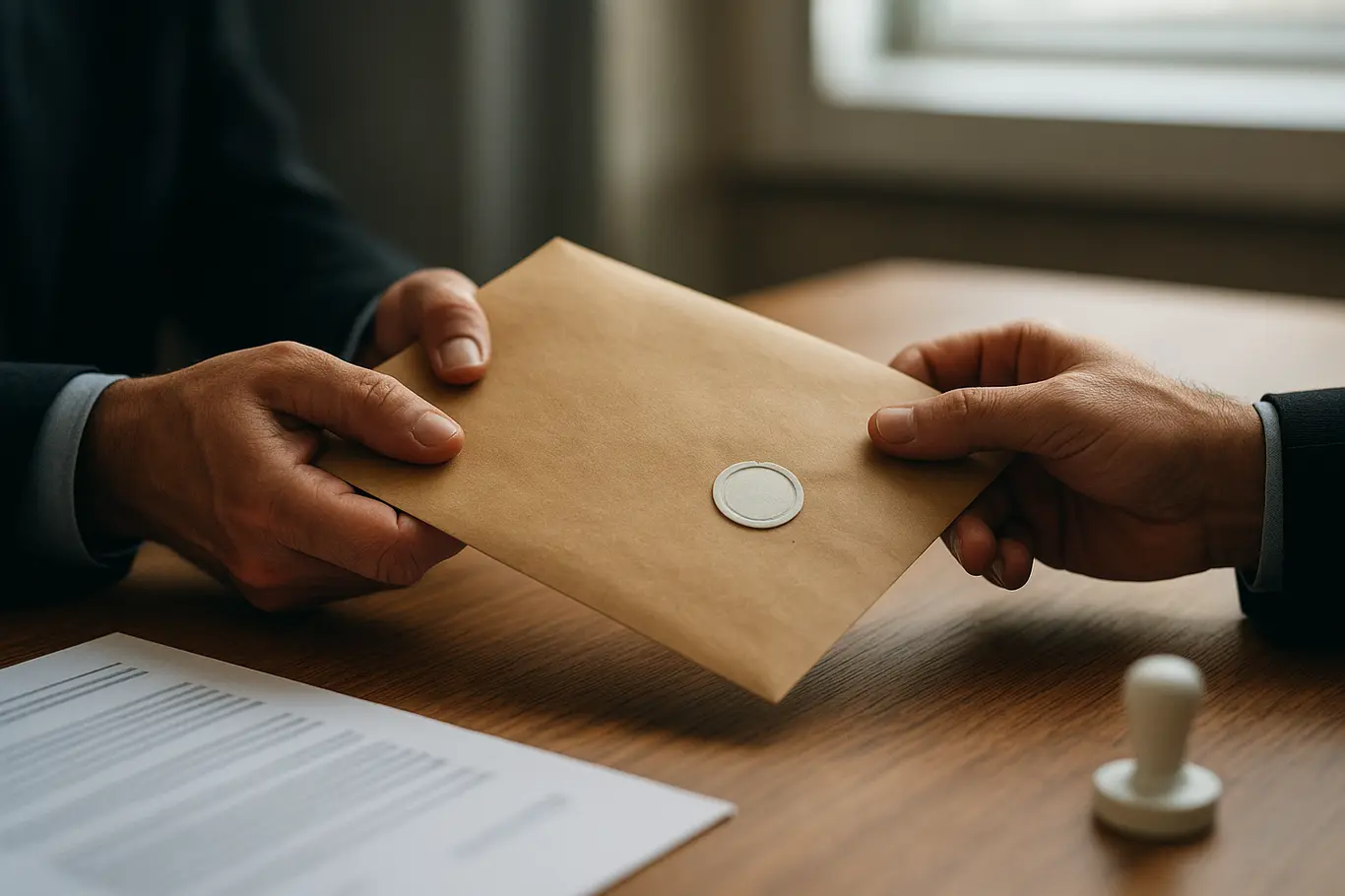 Ferretti: Grupo City não apresentou projeto e trâmite do escudo do Bahia Close-up de mãos trocando envelope sobre mesa com documentos parcialmente desfocados