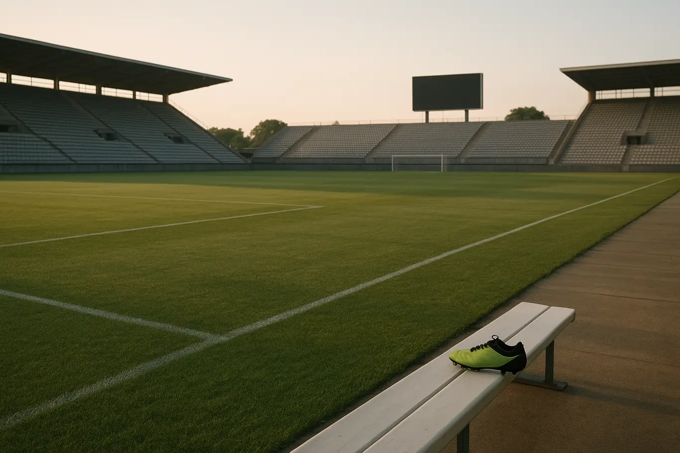 Galaxy define valor por Gabriel Pec e pressiona o EC Bahia na janela Centro de treinamento vazio ao amanhecer com chuteira ao lado do banco de reservas e arquibancadas ao fundo