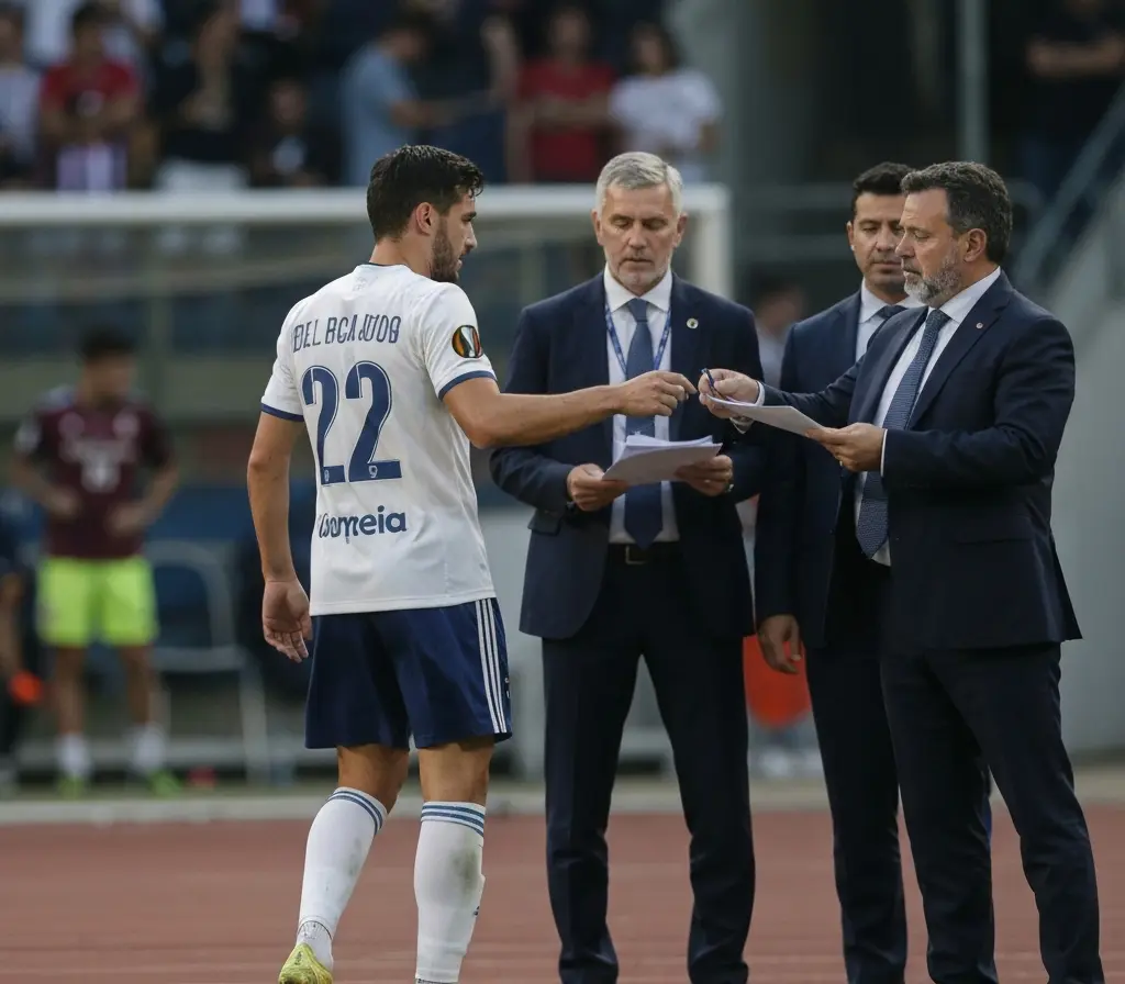 Galaxy define valor por Gabriel Pec e pressiona o EC Bahia na janela Jogador de costas caminhando por corredor do estádio com assessores desfocados, pasta na mão de um executivo