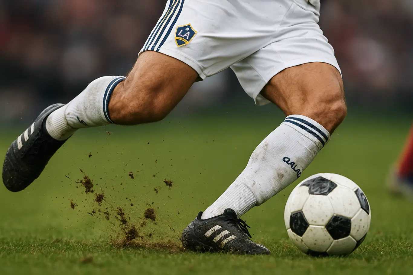 Galaxy define valor por Gabriel Pec e complica ataque do Bahia no Brasileirão Detalhe do carrinho de um defensor do Galaxy e bola na relva, partículas de lama no ar