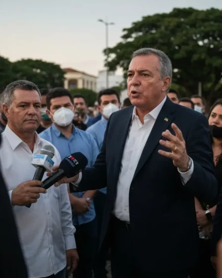 Jerônimo rebate ACM Neto em Itaberaba e diz que disputa pode afetar serviços Político de costas em palanque gesticulando para multidão em Itaberaba