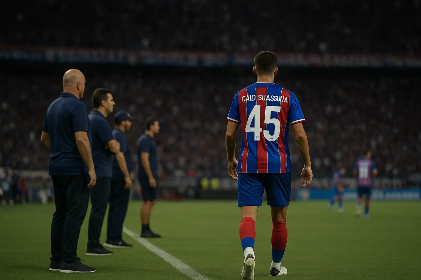 Caio Suassuna estreia e Kauê comemora golaço; Bahia ganha opção no Brasileirão Entrada de Caio Suassuna em campo, visto de costas, panorama do estádio