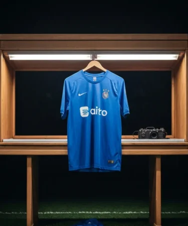 Vestiário vazio com camisa azul pendurada e chuteiras no chão, simbolizando saída do jogador