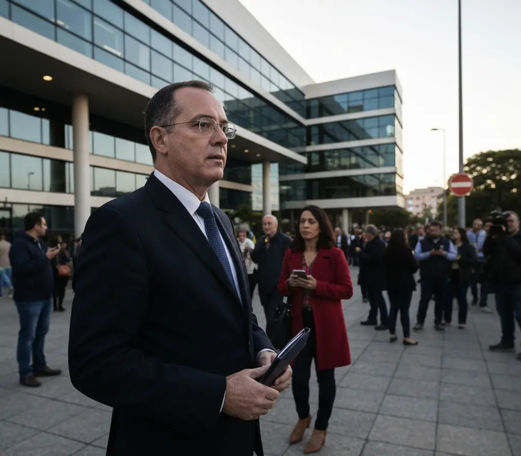 Sandro Meira Ricci assume arbitragem na CBF e pode alterar escalas do Bahia Árbitro visto de costas com apito em frente a prédio institucional, pessoas desfocadas ao fundo.