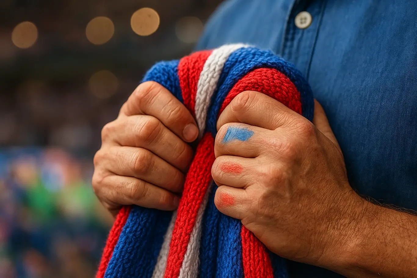 Brasil estreia contra Marrocos e aquece torcida do Bahia para temporada Close-up de mãos segurando um cachecol tricotado em vermelho, azul e branco, fundo desfocado com tela de jogo.