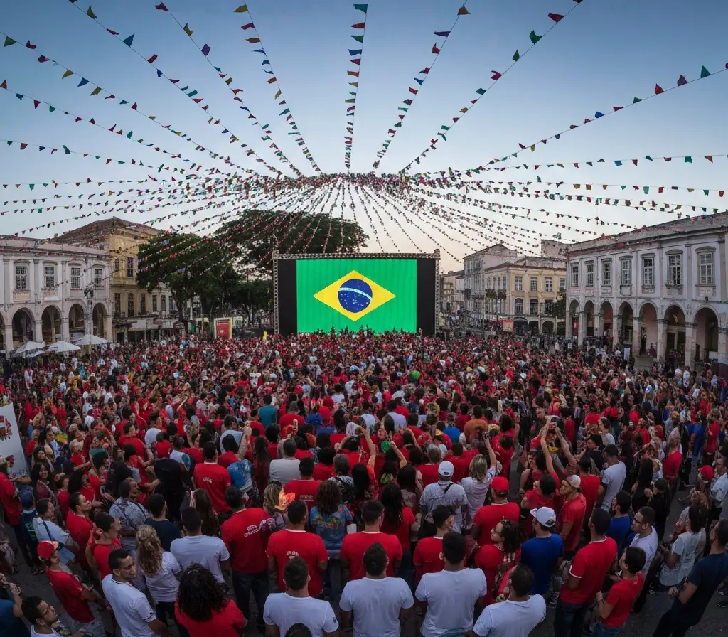 Brasil estreia contra Marrocos e aquece torcida do Bahia para temporada Panorâmica da torcida do Bahia em praça assistindo Brasil x Marrocos, vista de costas com bandeiras e fumaça.