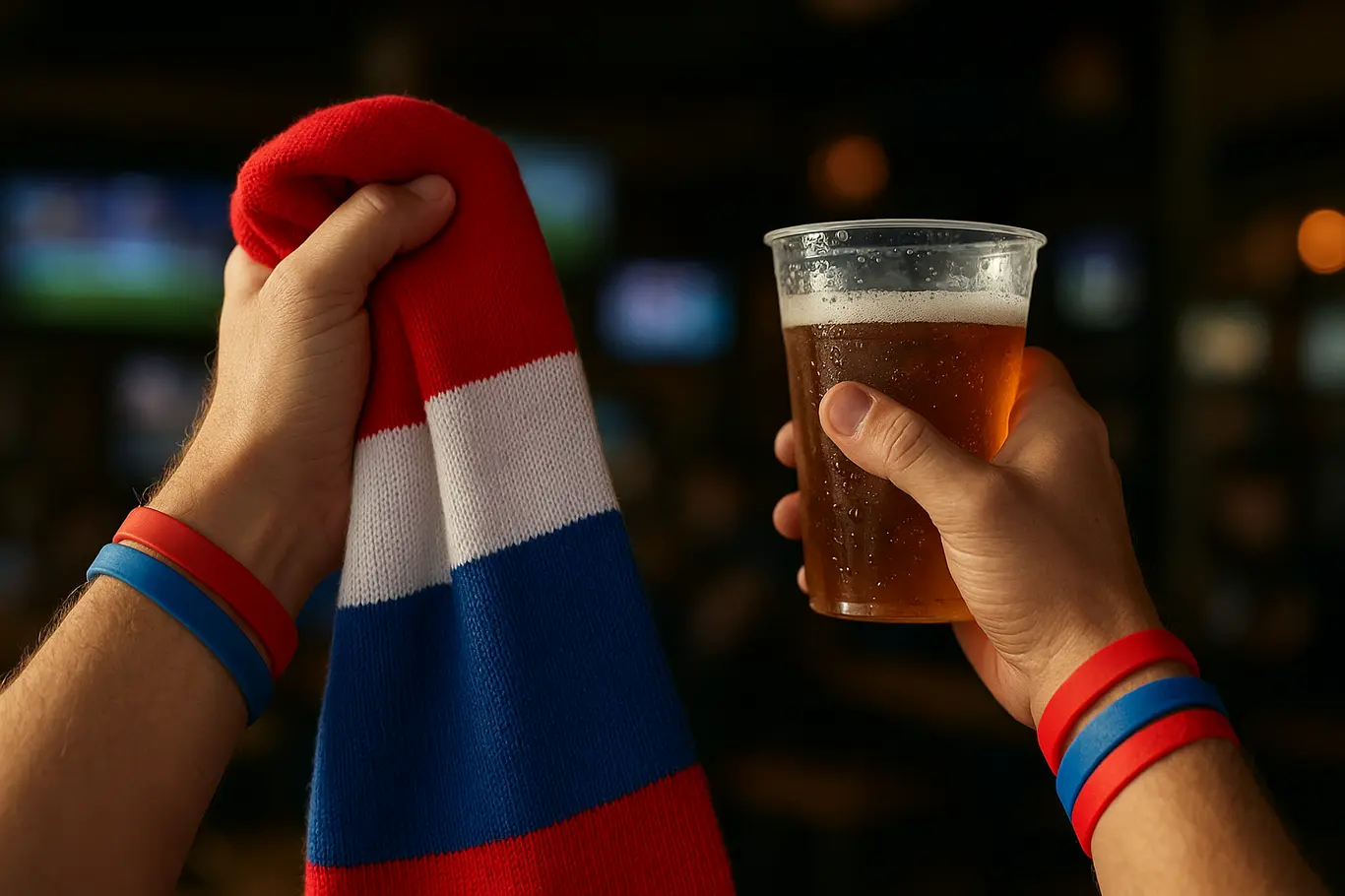 Brasil x Haiti: seis canais transmitem e torcida do Bahia se reúne Detalhe de mãos segurando cachecol tricolor e copo, com telas desfocadas ao fundo