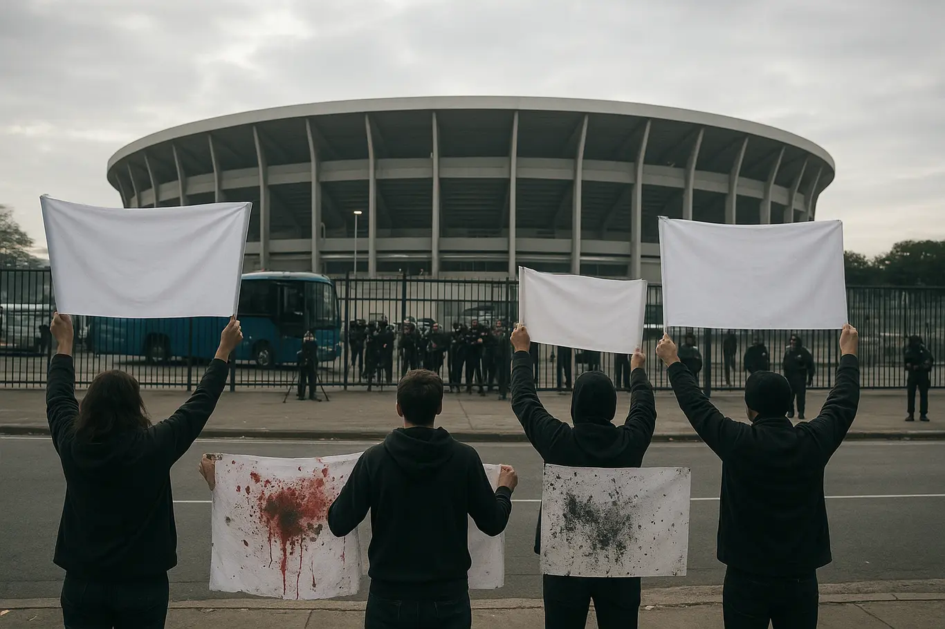 Grupo City altera escudos e possível mudança no Bahia provoca debate Grupo de torcedores de costas com bandeiras sem símbolos em frente ao estádio