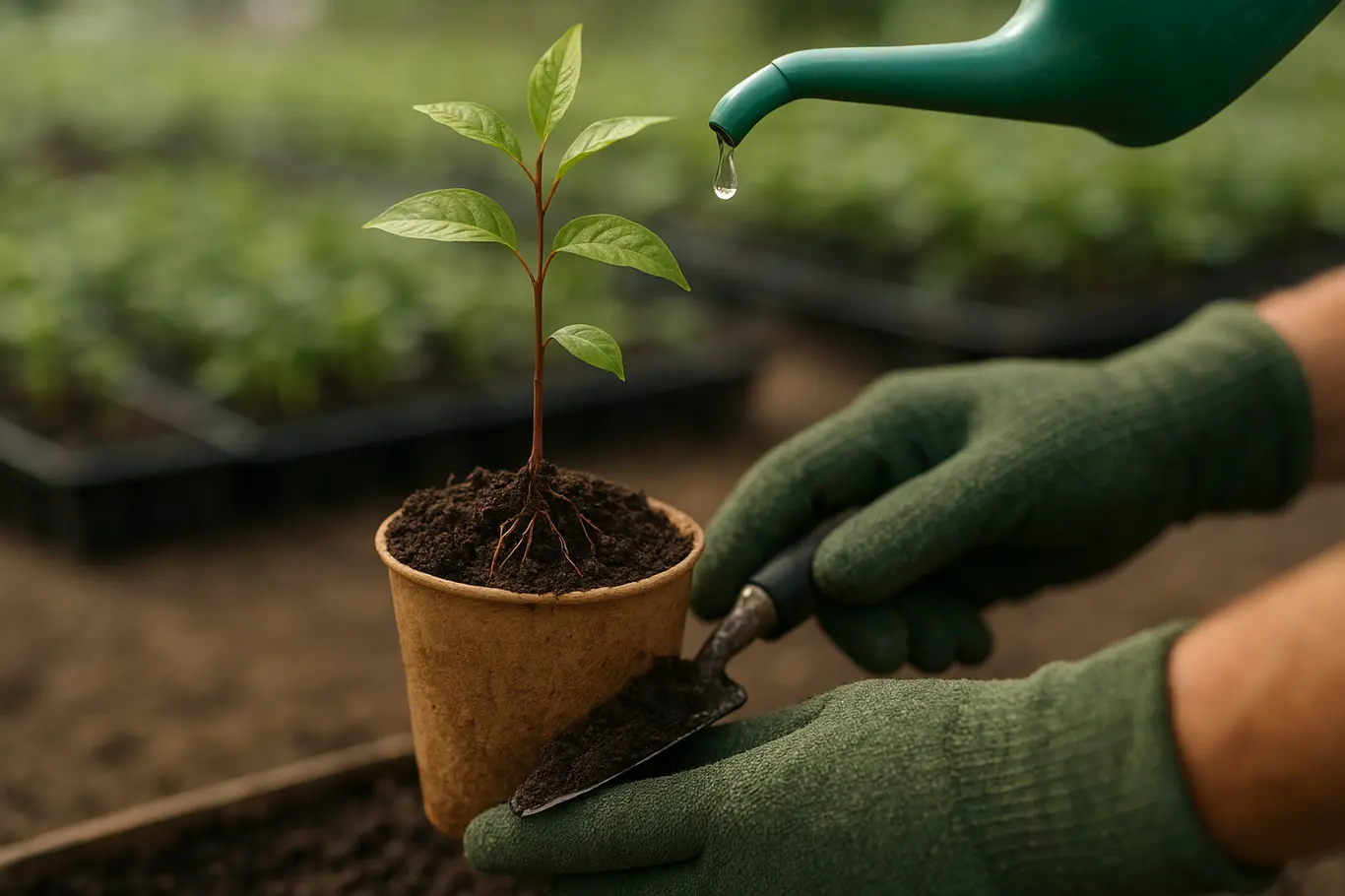 Viveiro de mudas nativas no futuro CFA Bahia amplia arborização Detalhe de mãos plantando muda nativa em tubo biodegradável no viveiro