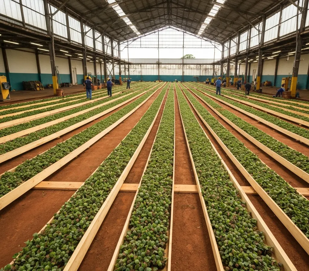 Viveiro de mudas nativas no futuro CFA Bahia amplia arborização Viveiro de mudas nativas no futuro CFA Bahia com trabalhadores e fileiras de bandejas