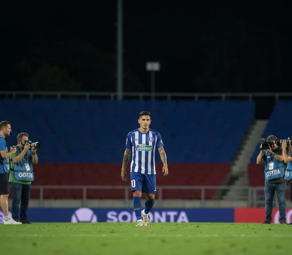 Claudio Echeverri é especulado no Bahia e pode reforçar meio-campo Jogador de costas caminhando rumo ao gramado com torcida desfocada ao fundo