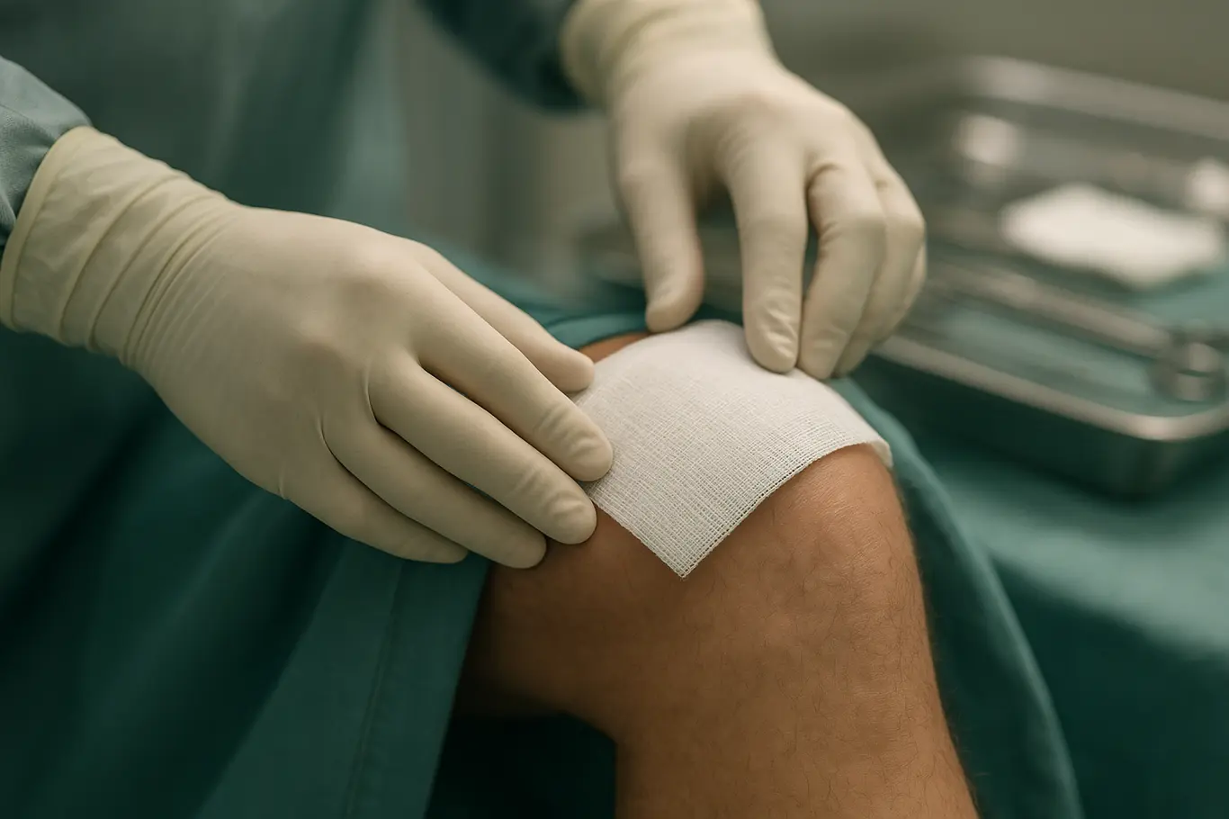 Kayky passa por cirurgia e reduz opções do Bahia no Brasileirão Close-up de mãos enluvadas aplicando curativo em joelho cirúrgico, bandejas médicas ao fundo desfocadas