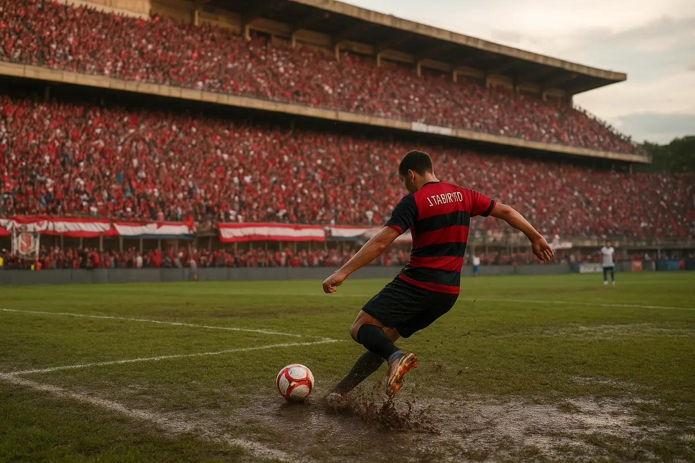 Mulheres de Aço enfrentam Itabirito nas oitavas e pressionam Bahia Visão ampla do estádio com jogador cortando a bola e torcida nas arquibancadas durante o jogo