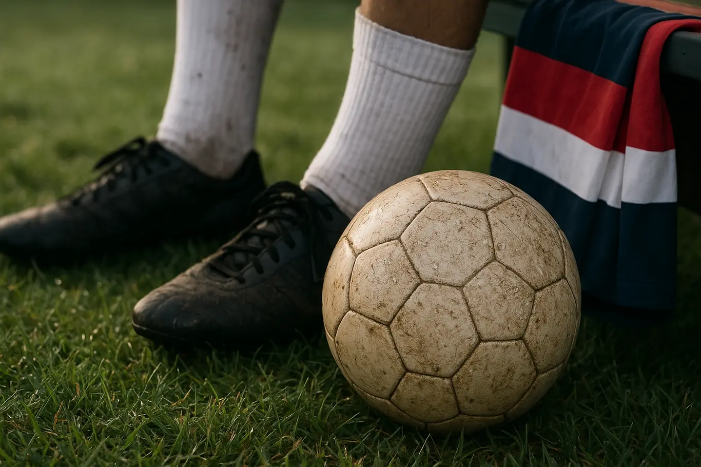 Recuperado Ruan Pablo volta aos gramados e reforça ataque do Bahia Detalhe de chuteiras, bola e camisa tricolor sobre banco no gramado
